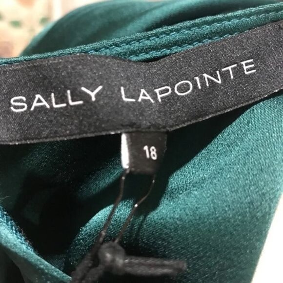 Sally Lapointe Dress 18 Green Cowl Neck Drape Luxury Old Money Belted Satin - Picture 2 of 16